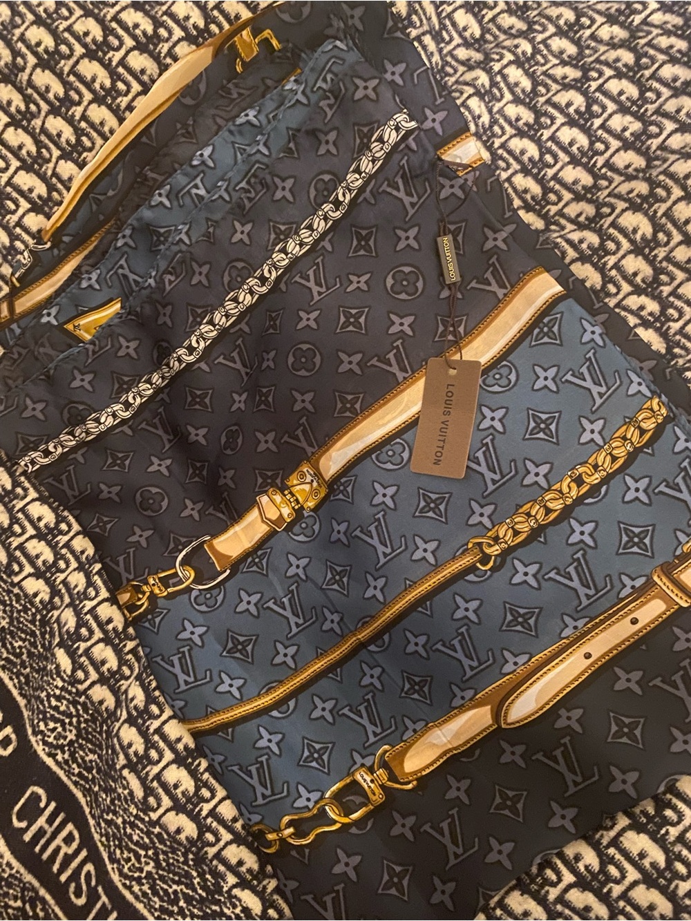 Louis Vuitton Blue Monogram Scarf with Gold Strap Details